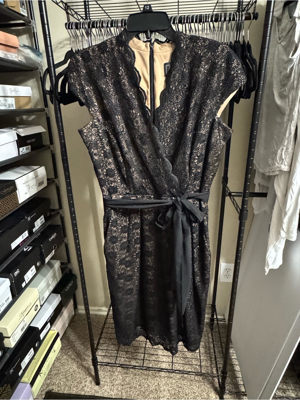Alex Evenings Black Lace Midi Dress with Satin Tie